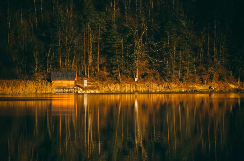 Lakeside cabin, Golden autumn forest, Reflection, 5K wallpaper