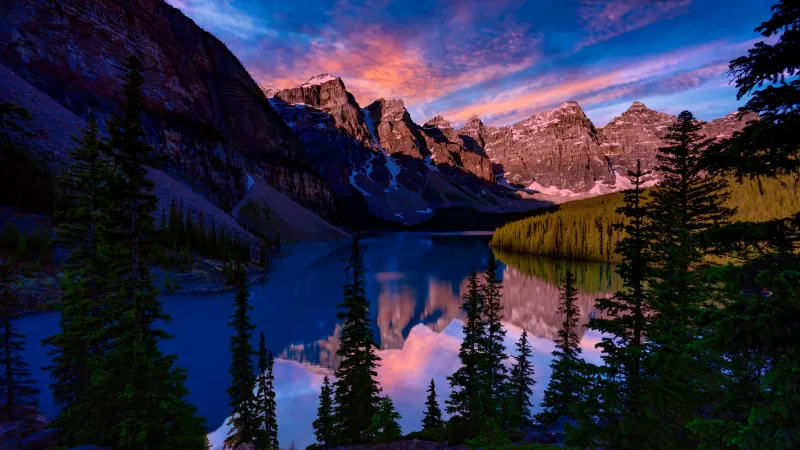 Moraine Lake, Banff National Park, Valley of the Ten Peaks, Mountain range, Sunset, Alpine trees, Landscape, Scenery, 5K