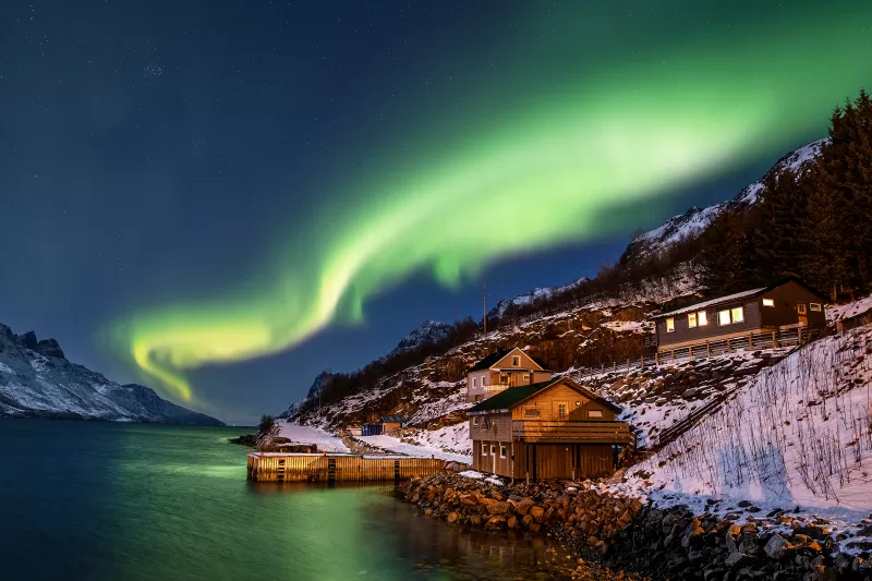 Aurora Borealis, Northern Lights, Norway, Wooden House, Landscape, River Stream, Night time, Snow covered, Mountains, Scenery, Stars, 5K