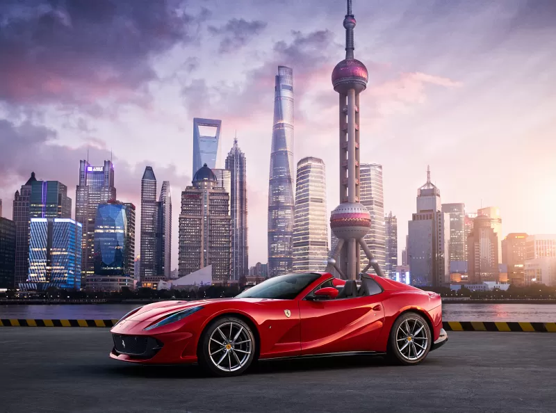 Ferrari 812 GTS, Red cars, Shanghai, Cityscape, Skyscrapers, 5K