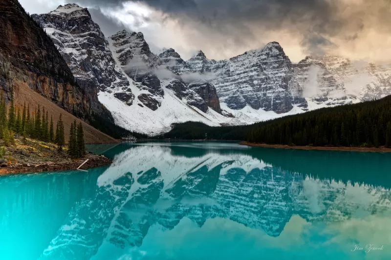 Banff National Park, Moraine Lake, Scenery, Mountains, Reflection, Snow covered, Forest, Alberta, Canada