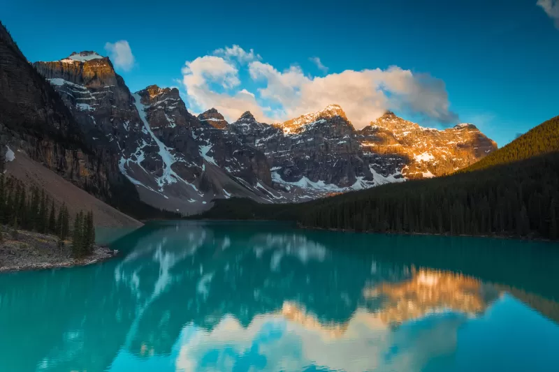 Moraine Lake, Alberta, Canada, Mountain range, Blue Sky, Clouds, Turquoise water, Reflection, Body of Water, Landscape, Scenery, Snow covered, 5K