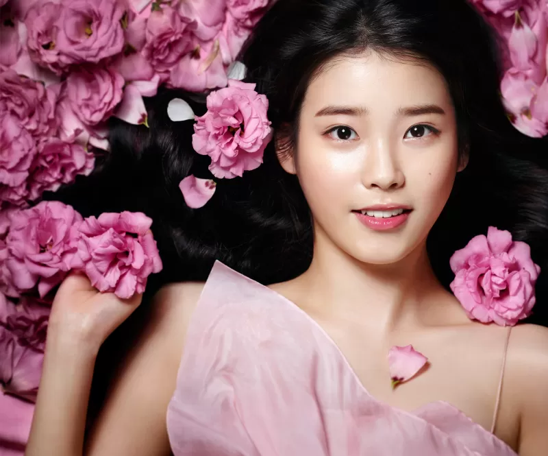 IU, South Korean Singer, K-Pop singer, Pink flowers, Portrait wallpaper