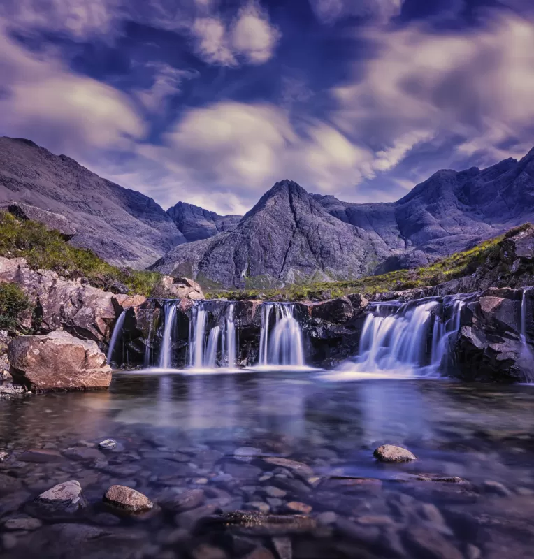 Waterfalls, Cloudy Sky, River Stream, Water flow, Long exposure, Mountains, Scenery, Landscape, 5K