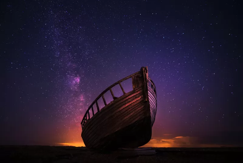 Wrecked Boat, Sailing boat, Night time, Starry sky, Milky Way, Outer space, Seashore, 5K