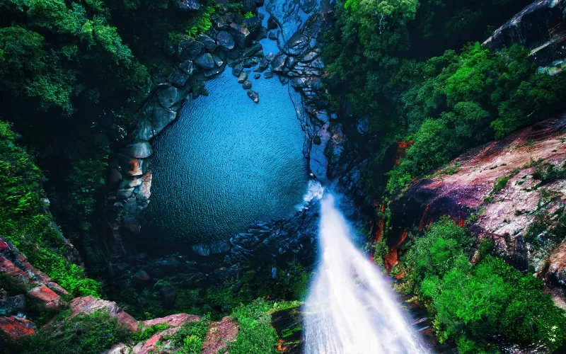 Waterfall, Forest, Aerial view, 5K