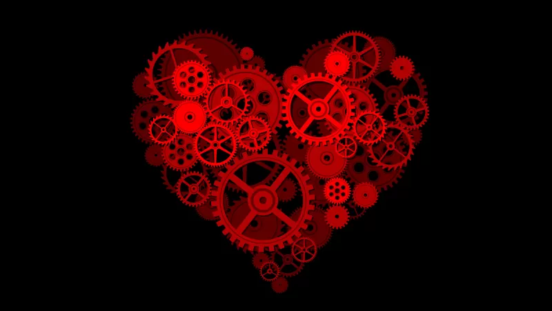 Love heart, Gears, Mechanical, Black background, Artwork, 5K, 8K