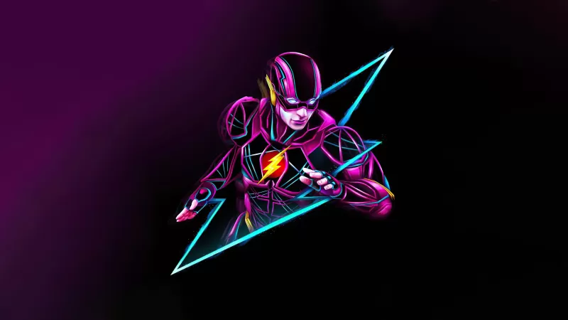 The Flash, Neon art, Purple background, Multicolor, 5K