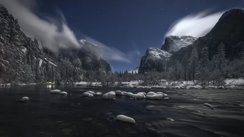 Yosemite National Park, Landscape, Winter, River, Evening, 5K, 8K
