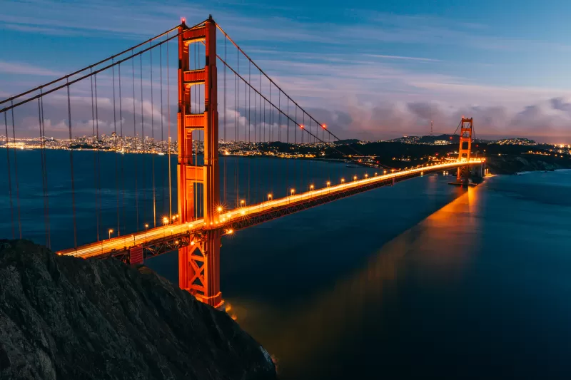 Golden Gate Bridge, San Francisco, Evening, Lights, California, Sunset, 5K