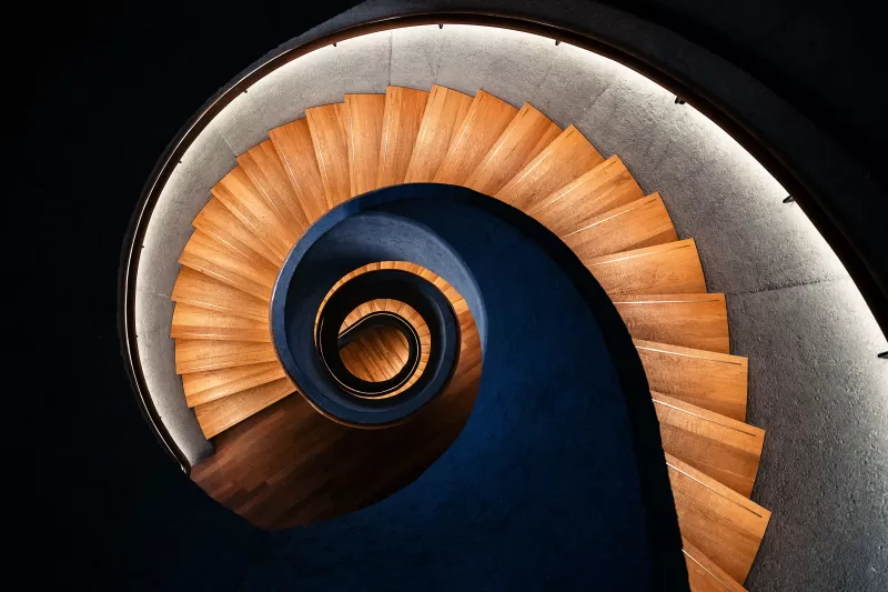 Spiral staircase, Wooden steps, Top-down view, 5K wallpaper