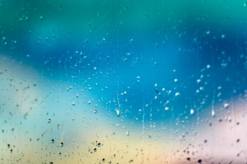 Raindrops on glass wallpaper, Blue bokeh, Rainy window