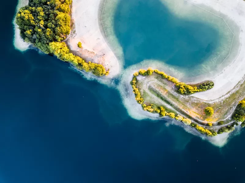 Heart Shaped Lake Aerial view, Galder, Netherlands, Tropical, Birds eye, Blue Water