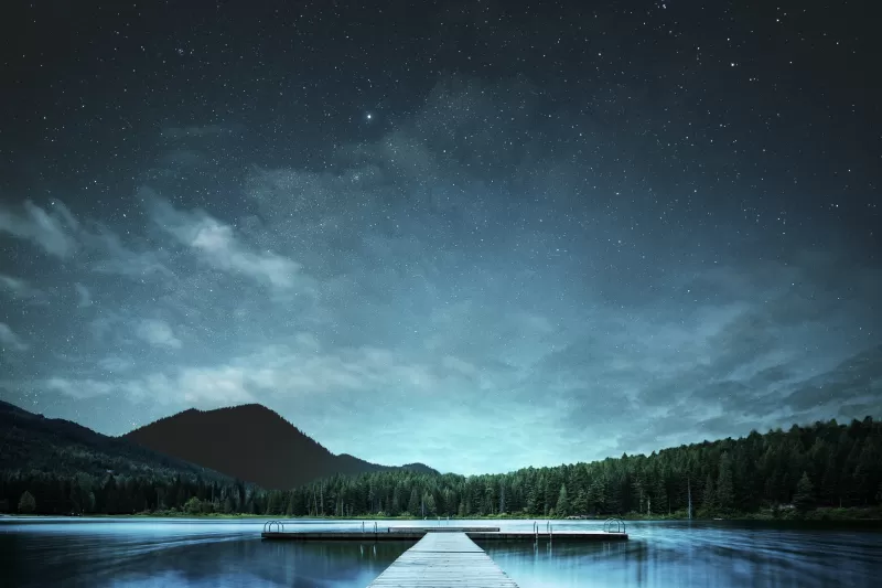 Jetty, Lake, Night sky, Landscape, 5K, 8K