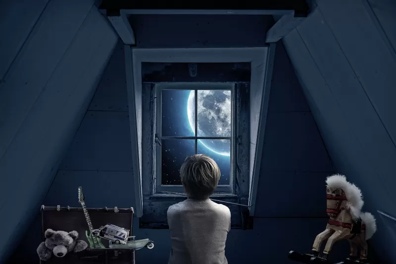 Look through the Window, Full moon, Attic, Roof, Boy, Teddy bear, Toy Horse, Memories, Childhood, 5K
