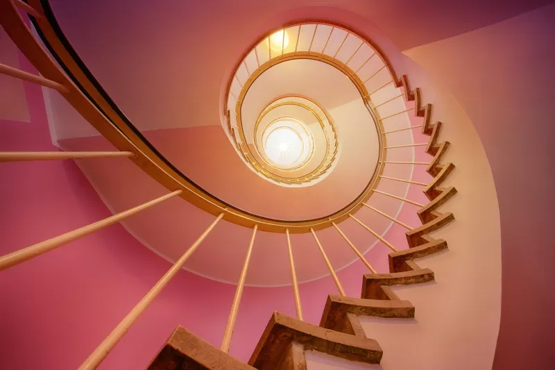 Spiral staircase, Pink aesthetic, Looking up, 5K wallpaper