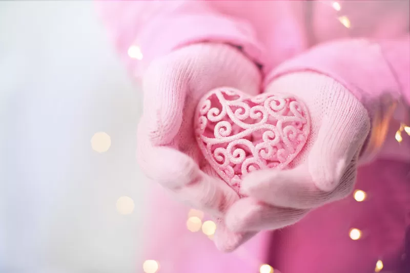 Pink Heart, Hand Gloves, Pink background, Valentine's Day, Emotions, 5K