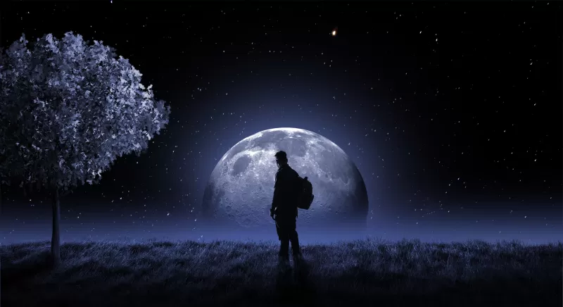 Full moon, Night sky, Stars, Moon light, Tree, Man, Surreal