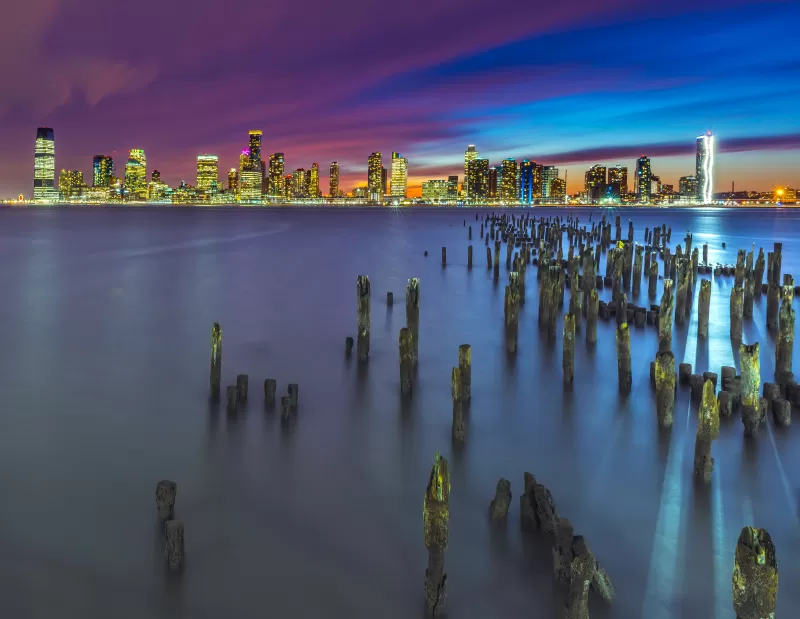 New York City, Metropolitan, Skyline, Cityscape, Night, City lights, Long exposure, Pier, 5K