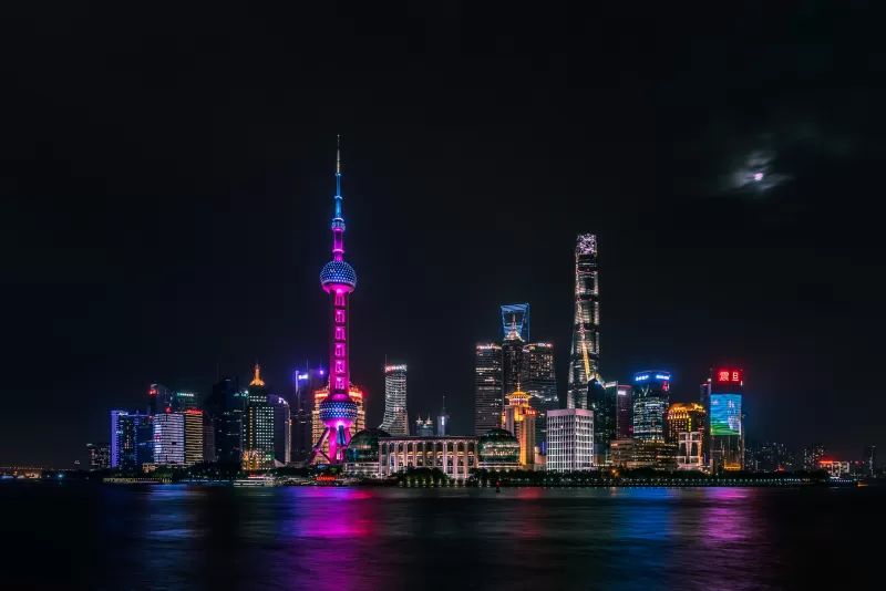 Shanghai City, Skyline, Night time, Cityscape, City lights, Body of Water, Reflection, Dark Sky, Skyscrapers, 5K