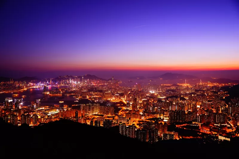 Hong Kong City, Skyline, Sunset, Cityscape, Aerial view, Night time, City lights, Dusk, Horizon, Clear sky, Skyscrapers, 5K