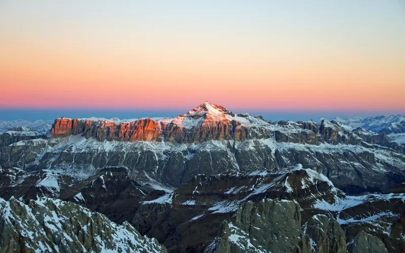 Dolomites alpenglow wallpaper, Snowy rock plateau, Pastel sky