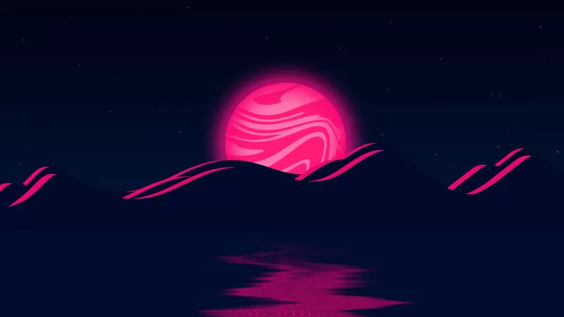 Pink Moon, Mountains, Illustration, Body of Water, Stars, Night, Dark background, 5K