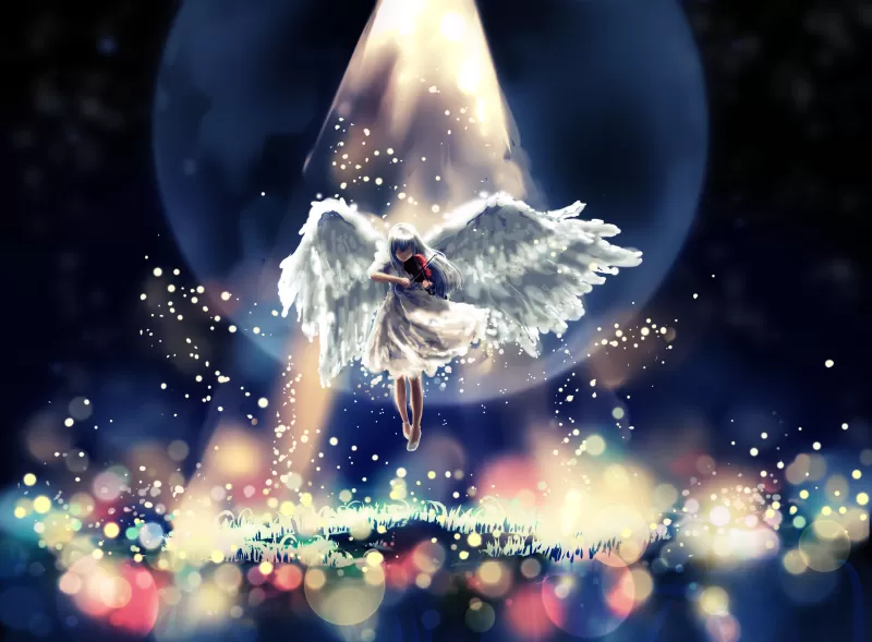 Angel girl playing violin, Glowing wings, Fantasy illustration, 4K wallpaper