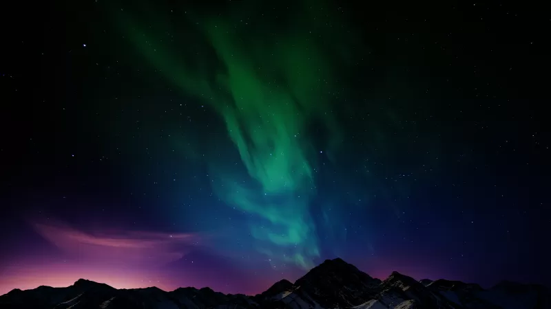 Aurora Borealis, Northern Lights, Mountain range, Night time, Starry sky, Landscape, Scenic, 5K