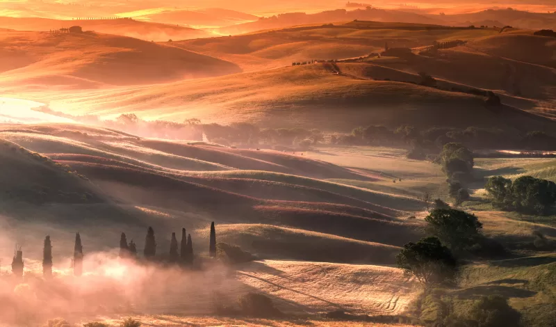 Tuscany, Italy, Country Side, Sunrise, Foggy, Dawn, Landscape, Aerial view, Meadow, 5K