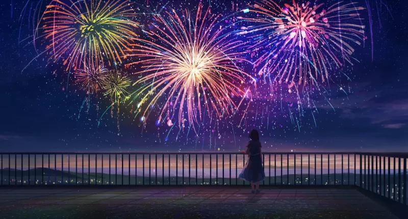 Anime girl, Fireworks, Colorful, Dream, Alone, Mood, Aesthetic
