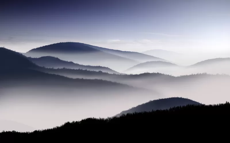 Misty hills, Layered mountains, Monochrome fog, 4K wallpaper
