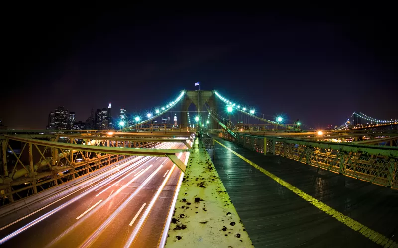 Brooklyn Bridge, Cityscape, City lights, Manhattan, Brooklyn, Suspension bridge, New York City, USA