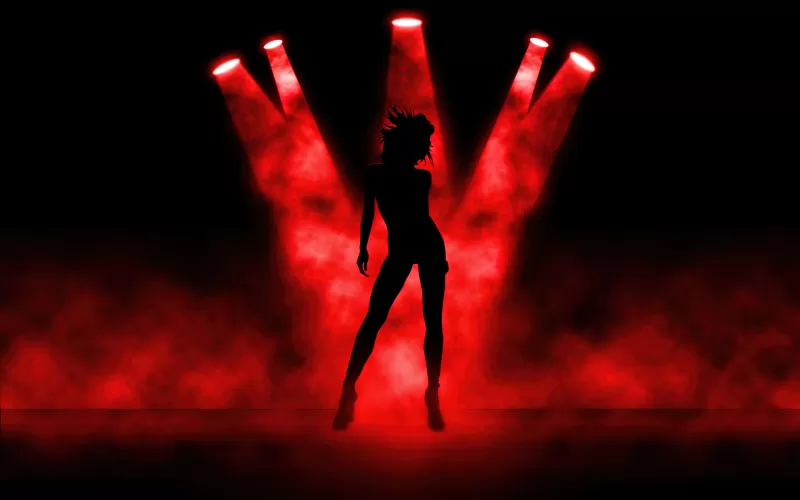 Girl, Spot lights, Silhouette, Dancing, Dark background, Red