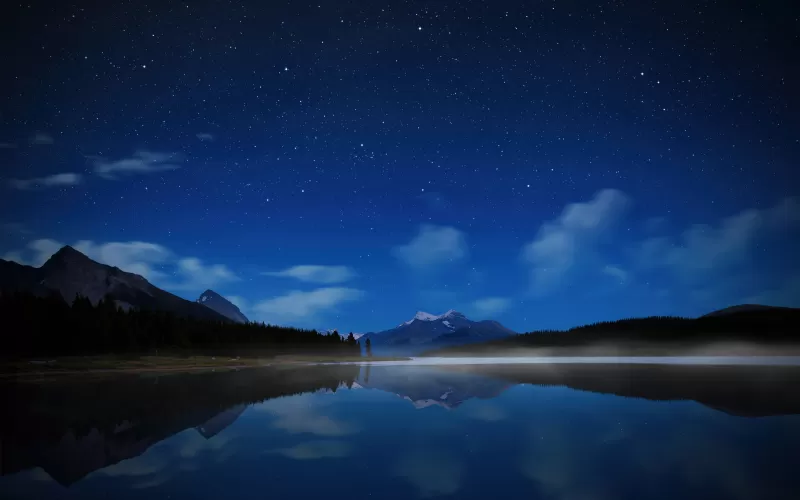 Maligne Lake, Jasper National Park, Alberta, Canada, Starry sky, Night sky, Reflections