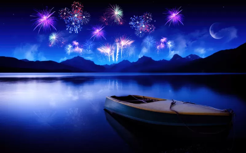 New Year, Fireworks, Lake, Reflections, Night, Boat, Blue, Mountains, Crescent Moon, New Year celebrations