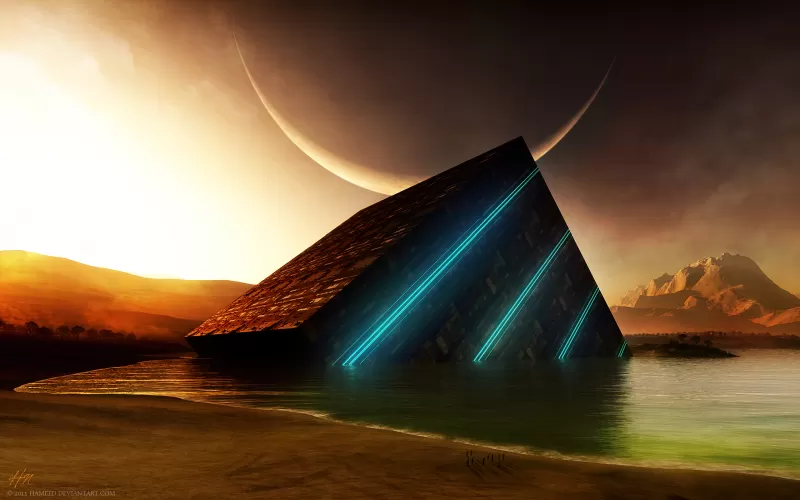 Glowing cube on beach, Giant moon, Surreal sci-fi, 4K wallpaper