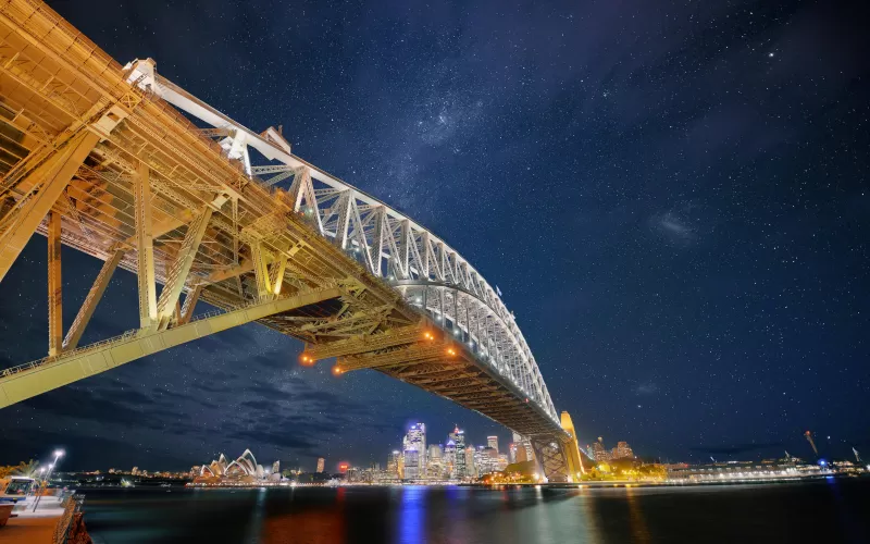 Sydney Harbour Bridge, Night, Cityscape, City lights, Sydney, Australia, Milky Way