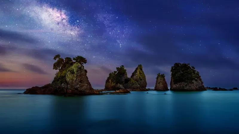 Minokake Rock, Milky Way, Dawn, Night, Sunset, Izu Peninsula, Shizuoka, Japan, 5K