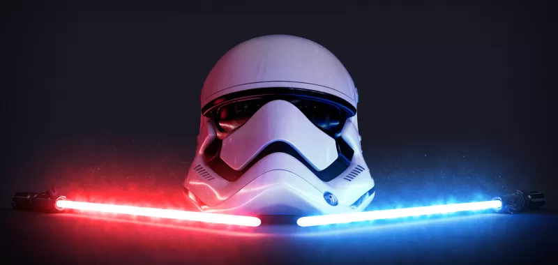 Stormtrooper helmet wallpaper, Star Wars, Red and blue lightsabers, Dark background