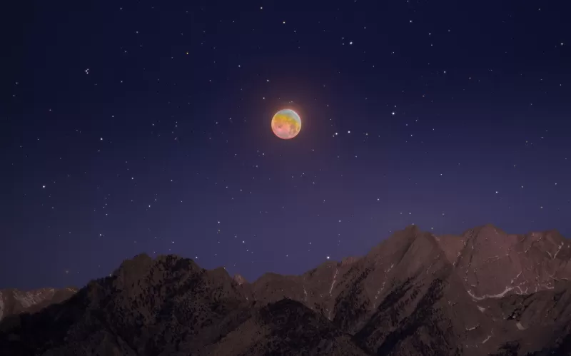 Lunar Eclipse 4K wallpaper, Mount Whitney, Mountains, Morning, Starry sky, Astrophotography