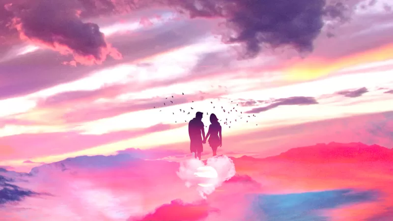 Couple, Lovers, Above clouds, Surreal, Dream, Romantic, Together, Pink, 5K