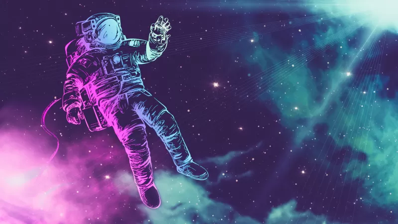 Astronaut, Space suit, Neon, Stars, Light, 5K