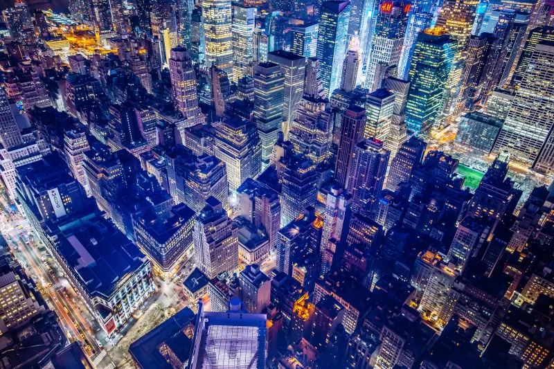 New York City, Aerial view, United States, Night City, City lights, Cityscape, Skyscrapers, 5K