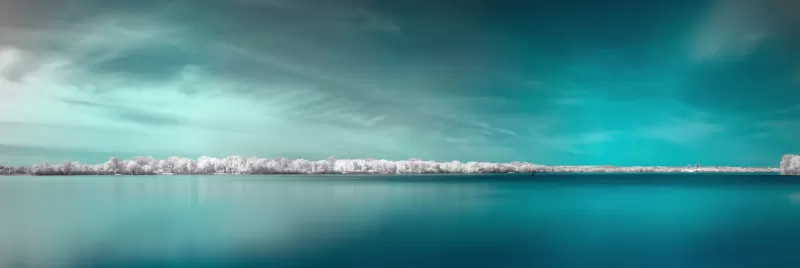 Infrared vision 10K wallpaper, Panorama, Surreal, Body of Water, Coast, Blue background, 5K, 8K