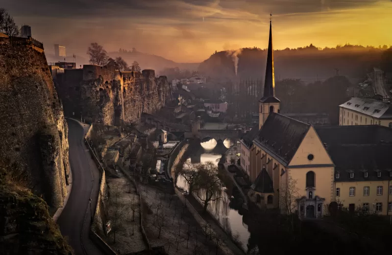 Luxembourg City, Old town at sunset, Church, 5K wallpaper