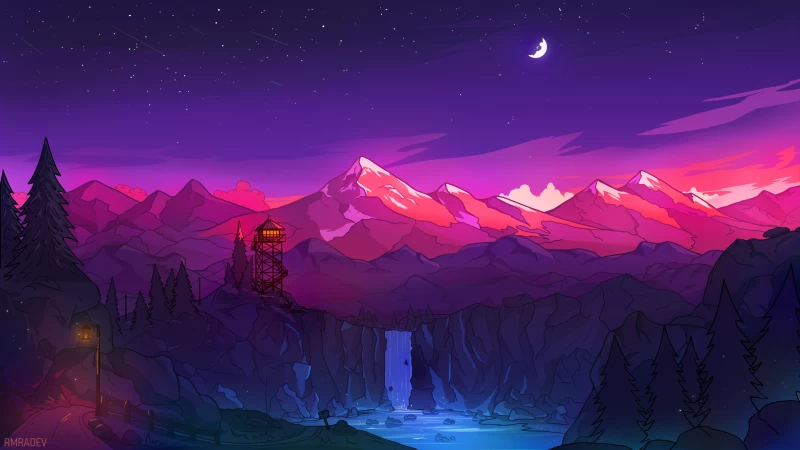 Glacier mountains, Waterfall, Watch Tower, Moon, Night time, Starry sky, Snow covered, Digital Art, Purple, Landscape, Scenery