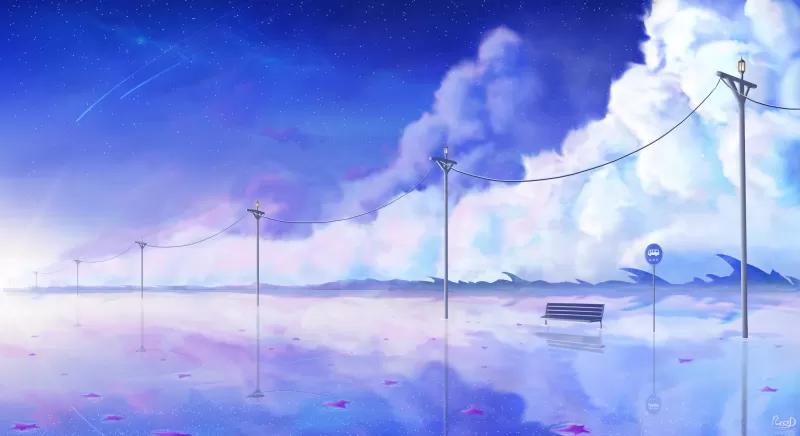 Bus stop in the sky wallpaper, Dreamy clouds, Illustration