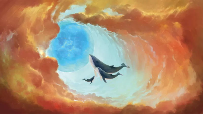 Whales in the clouds, Surreal painting, Orange sky, 4K wallpaper
