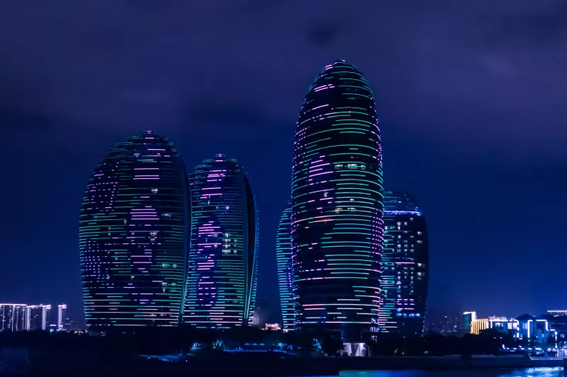 Phoenix Island, Sanya, Night lights, 4K wallpaper